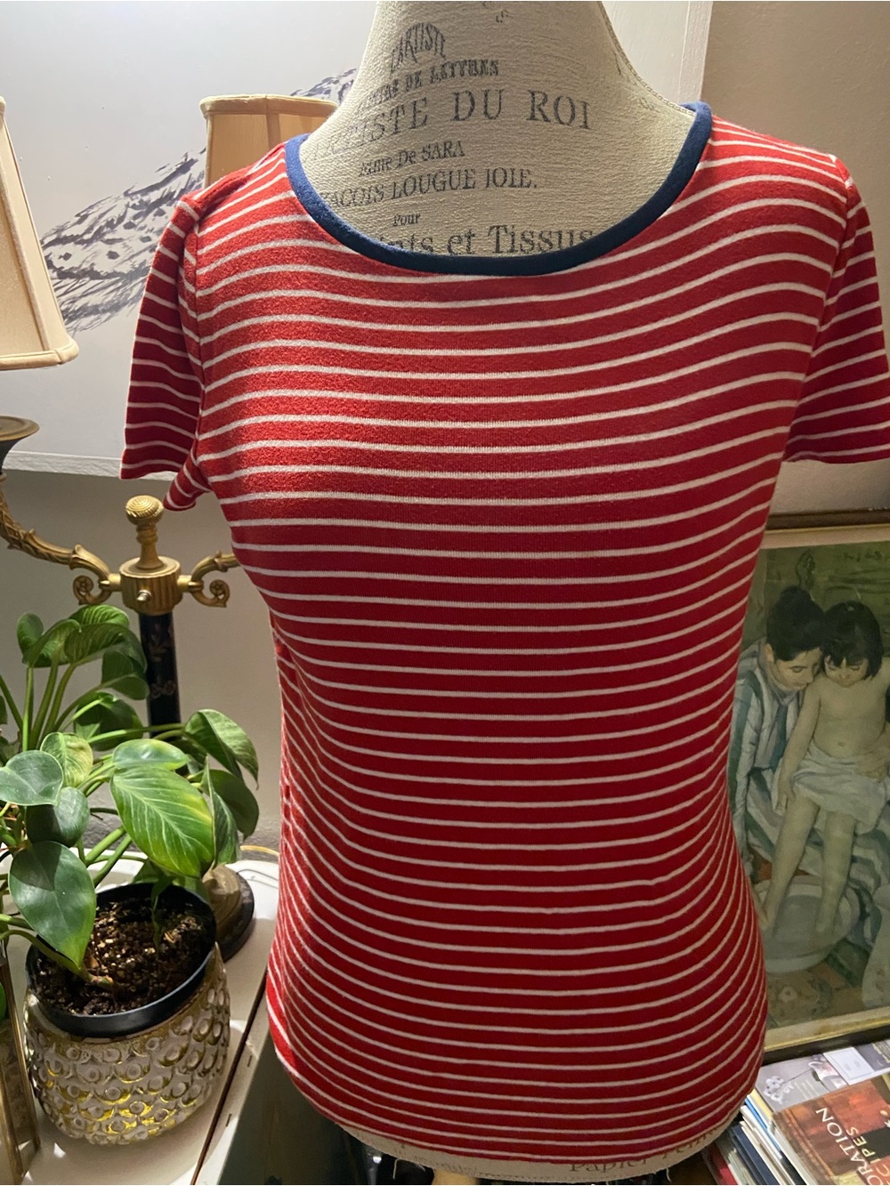 Lauren Ralph Lauren Red and White Striped Short-Sleeve Tee with Navy Trim